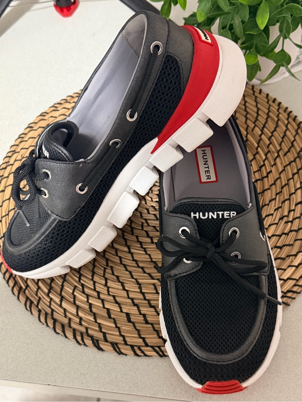 Hunter Men’s Black and Red Mesh Boat Shoes